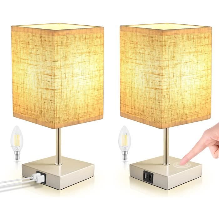 Kakanuo Lot De 2 Lampes De Chevet Tactiles 3 Intensités Avec USB A+C Et Prise - Ampoules Incluses