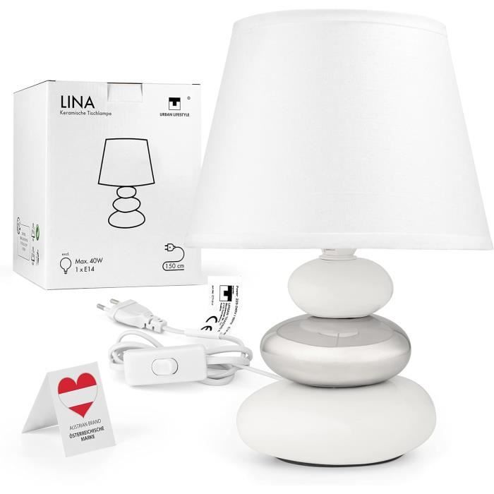 Lampe de Chevet - URBAN LIFESTYLE - Lina - Céramique - Abat-Jour en Tissu - Compatible LED E14