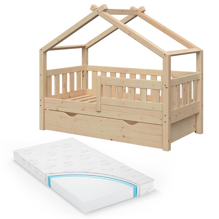 Lit cabane Design 70x140 cm avec tiroir et matelas Naturel bois Vitalispa 33459 Lit cabane Design 70x140 cm avec tiroir et matelas Naturel bois Vitalispa 33459