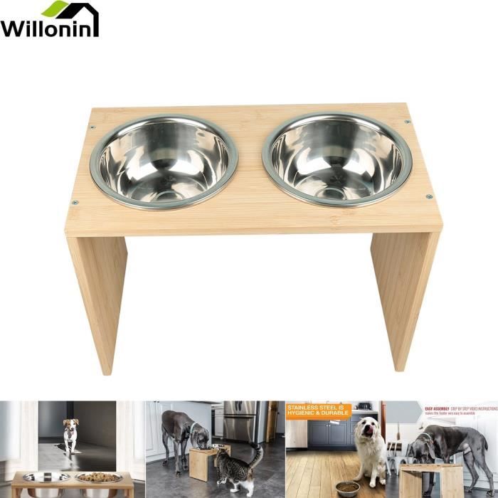 Comparer les prix de Willonin® Gamelles surélevés en bambou avec 2 bols fer amovibles, Hauteur 22cm pour animaux, Support à bar pour chat chien repas