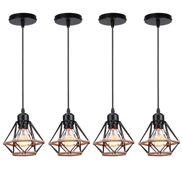 Suspension Lustre Design Vintage Industrielle en Corde de Chanvre - WOTTES - UNI - Noir - 4 Ampoules - 40W - E27