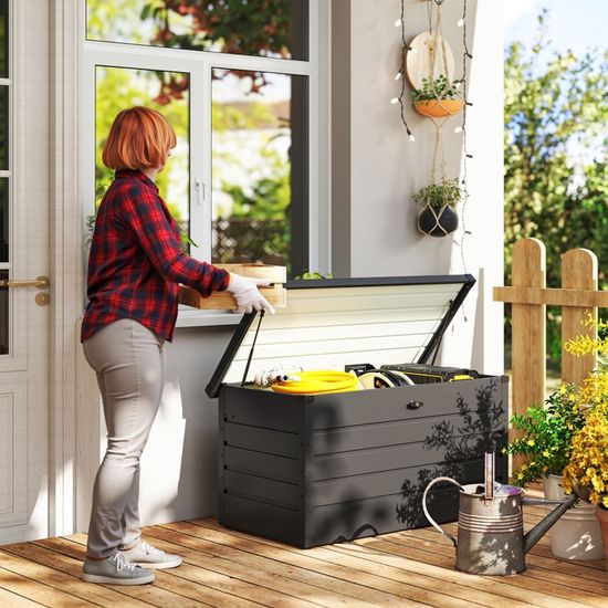 Outsunny Coffre De Jardin En Résine Tressée 66L - Rangement Extérieur Avec Couvercle Acacia Gris 28x55x60 Cm