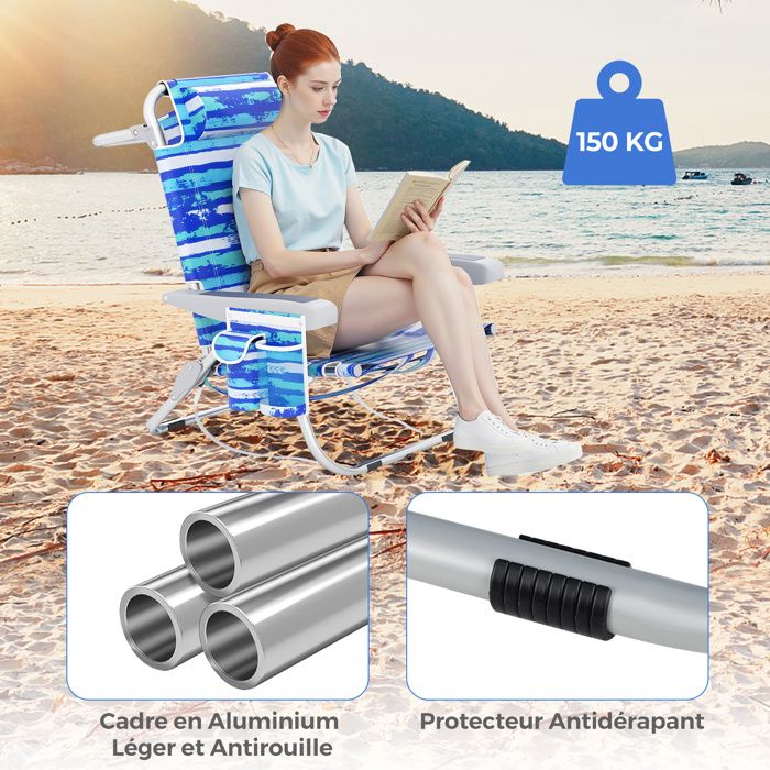 GIANTEX Chaise De Plage Pliable En Aluminium, Dossier 5 Positions 100°-165°, Appui-tête Amovible, Sac à Dos, Porte-serviettes, 150 Kg