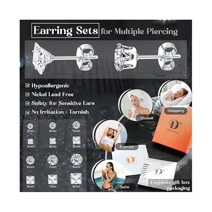Boucles D'oreilles En Acier Inoxydable Avec Zircone - Lot De 12 Paires - Hypoallergénique - Pour Hommes Et Femmes - Styles Unisexe - 1