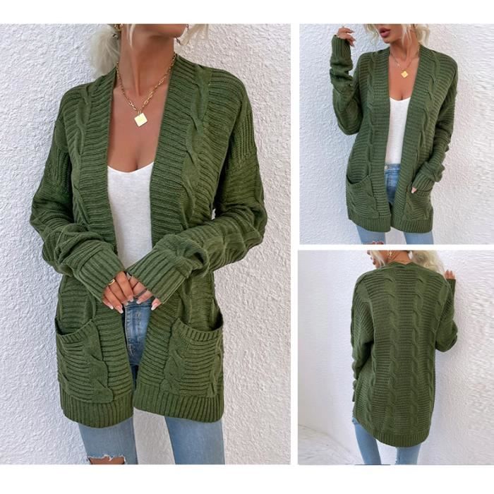Gilet Femme Hiver Tricot Mi long Manches longues Casual Chaud Couleur unie Vert Cdiscount Pret a Porter