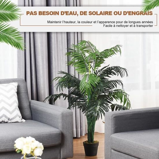 Palmier Areca Artificiel 180 Cm – 42 Palmes Flexibles – Tronc Bois + Pot Béton Stable – Décoration Intérieure Sans Entretien