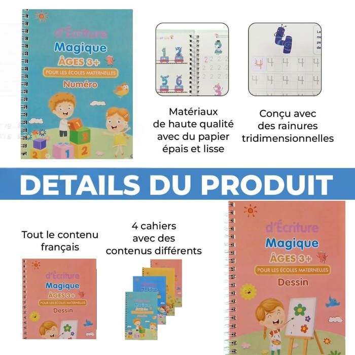 Lot De 4 Cahiers D'écriture Réutilisables Pour Enfants - Avec Stylo Effaçable Et Guide De Tracé