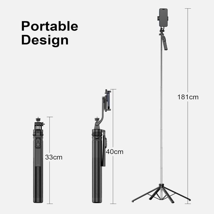 Trépied Smartphone 180 Cm Extensible – Selfie Stick + Trépied Aluminium Avec Télécommande Bluetooth, Compatible IPhone, GoPro, Caméra