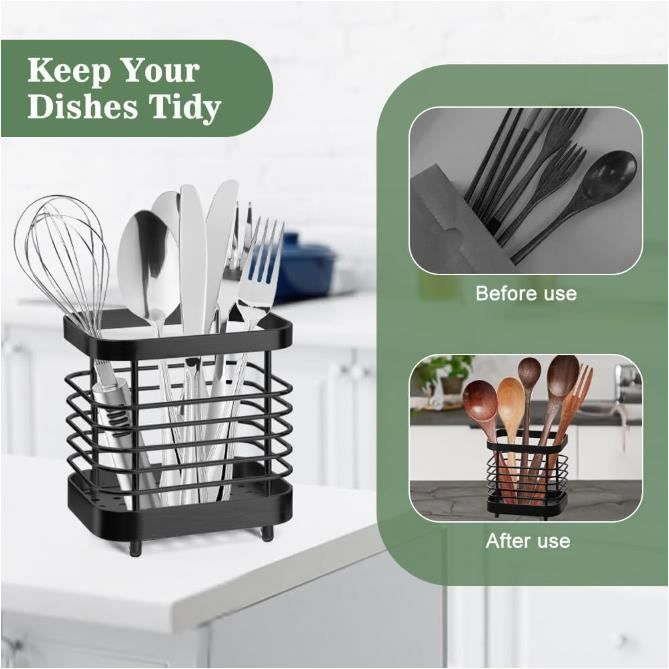 Rangement Couverts Acier Inoxydable Porte-couverts En Acier Inoxydable - Organisateur Ustensiles Cuisine - Égouttoir Rangement Noir Egouttoir Couverts