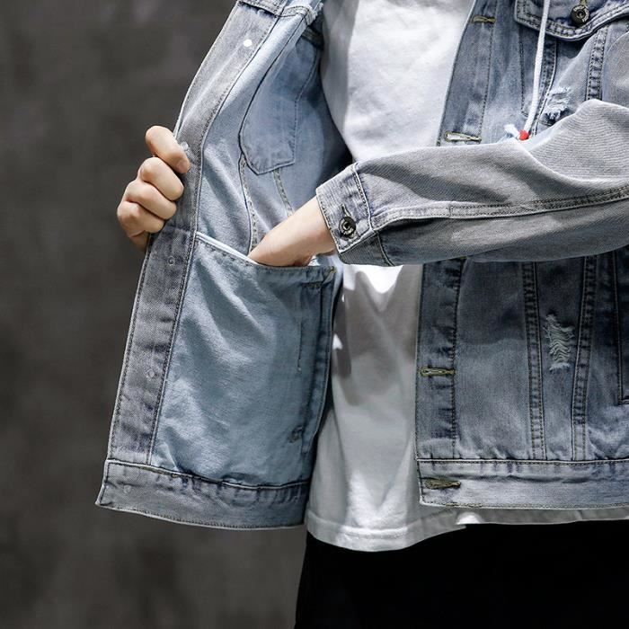 Veste en Jean Homme Dechire avec Capuche Manches Longues Motif Brode Bleu clair Bleu clair Cdiscount Pret a Porter