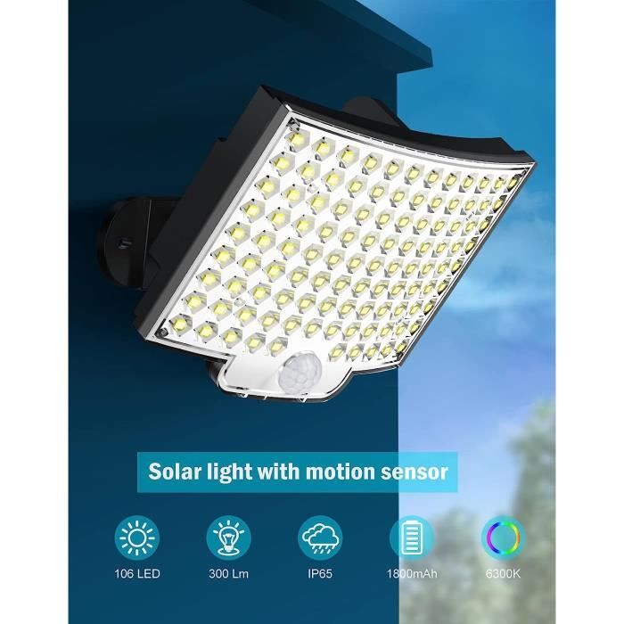Lampe solaire d'extérieur avec détecteur de mouvement, 56 LED, lampe solaire  d'extérieur, détecteur jour/nuit, IP65 étanche, angle d'éclairage de 120°,  1 pièce - Noir