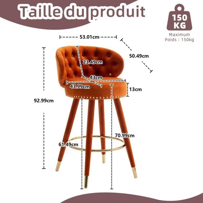 Lot de 2 Tabouret de Bar Design Chaise Haute pour Bar Bistro siège en  Velours avec Repose-Pieds Cadre en métal,Orange - Cdiscount Maison