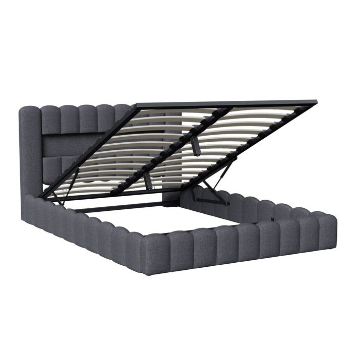 Lit Double 160x200cm En Lin Beige Avec Rangement Intégré