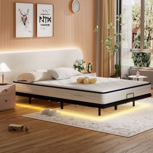 Cadre De Lit 140x190 Cm Avec Sommier Métal Blanc - Hauteur 35 Cm, Rangement Intégré, Design Moderne