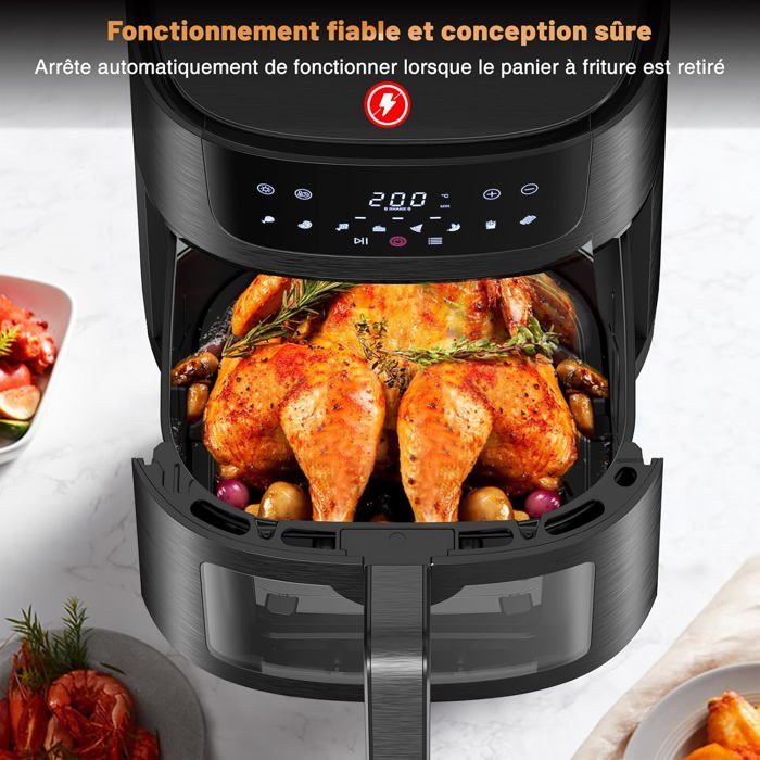 Friteuse Sans Huile 9L - Air Fryer Avec Ecran Tactile LED, 8 Programmes, 1800W, Fenêtre De Cuisson Visible, Faible En Graisse