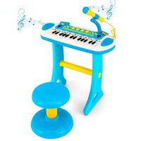 DREAMADE Piano Clavier Enfant Portable 31 Touches avec Tabouret, Microphone, Effets Lumineux, 8 Tonalités 7 Rythmes,