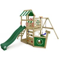 WICKEY Aire de jeux Portique bois SeaFlyer avec balançoire et toboggan vert Cabane enfant extérieure avec bac à sable