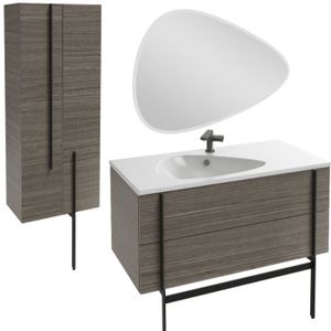 MEUBLE VASQUE - PLAN Meuble lavabo simple vasque 100 cm JACOB DELAFON Nouvelle Vague chene tranché + colonne de salle de bain 2 portes + miroir + pied
