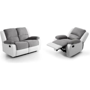 ENSEMBLE CANAPES RELAXXO - Pack canapé relax manuel LEO 2 pl + fauteuil manuel en microfibre et simili - Gris/Blanc