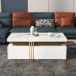 TABLE BASSE Table basse - TIMPFEE - rectangle moderne - motif PVC et 2 tiroirs en bois - blanc