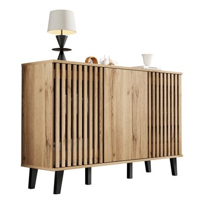Vitrine avec 3 portes 8 compartiments et LED - style scandinave - 150x78x40cm - naturel