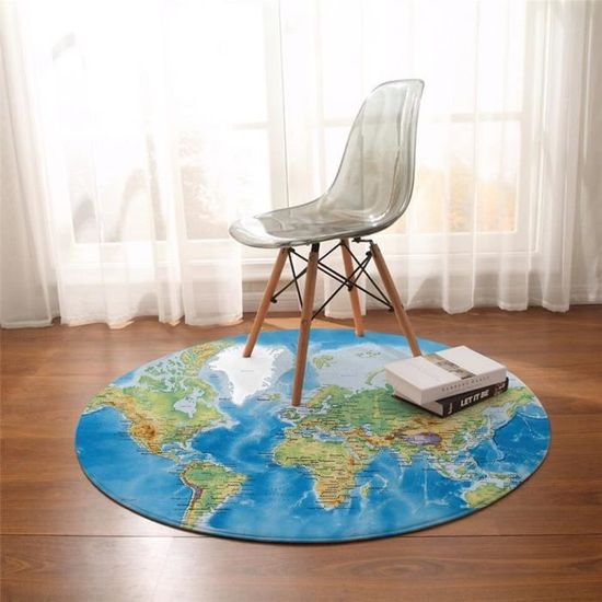 DRR-6403 BeddingOutlet – tapis rond carte du monde, imprimé vif, bleu, pour salon, chambre à coucher, tente de jeu pour enfant