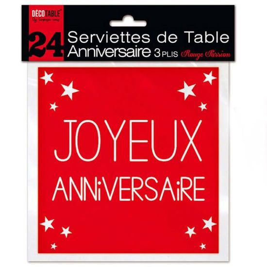 Serviette de table Joyeux Anniversaire blanche et rouge métallisée (x24)  REF/STAM00R - Cdiscount Maison