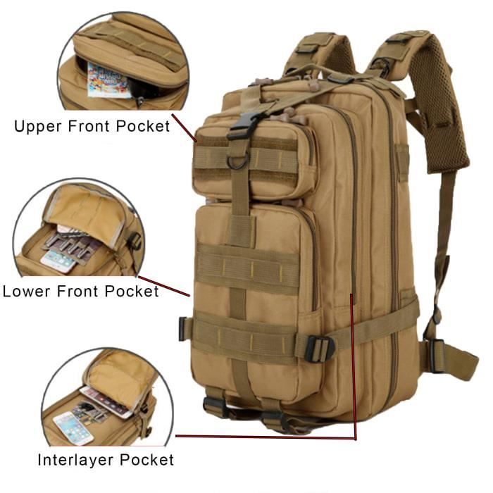 Sac à Dos Tactique Extensible 3P 800D 40L Backpack Technique Randonnée Camouflage Multi-Poche Kaki pour Homme Femme