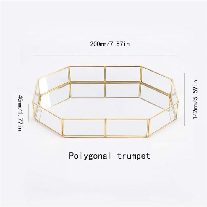 Verre Plateau de rangement Or Plateau Facile bijoux cosmétique Décoration Rétro Bande de cuivre Polygone 200*142*45 mm