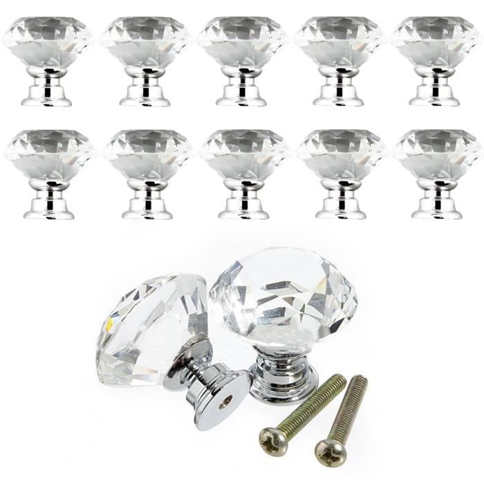 10 pièces de poignées de porte en verre cristal transparent de 40 mm avec vis pour armoires,placards,tiroirs,commodes