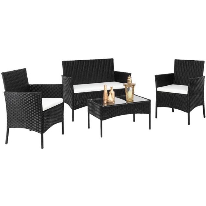 Salon Bas de Jardin en Résine Rotin 1 Canapé + 2 Fauteuil + 1 Table Basse - 4 Places - Noir