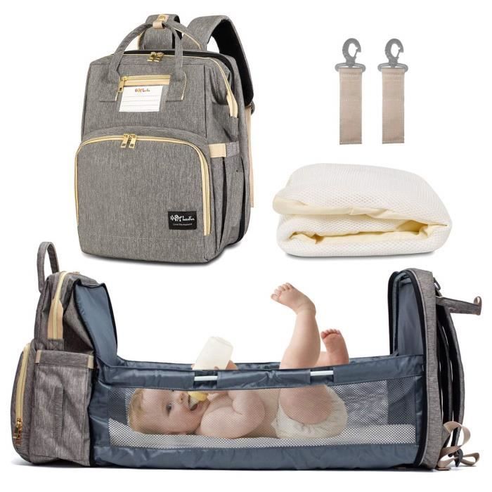 Sac de Voyage Polyvalent pour bébé Sac à Couches Convertible pour bébé 4 en 1 Lit de bébé Pliable, Station à Langer Portable-Gris