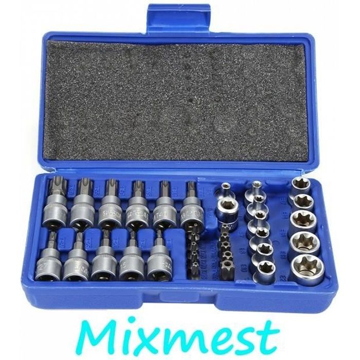KELUODAE®, 34 douilles clé douille intérieur extérieur embout étoile torx, Jeu de clés à douille Avec coffret en plastique