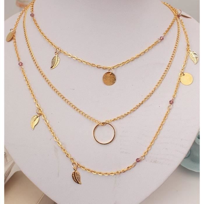 Collier - Multi Rangs - Plumes - Doré
