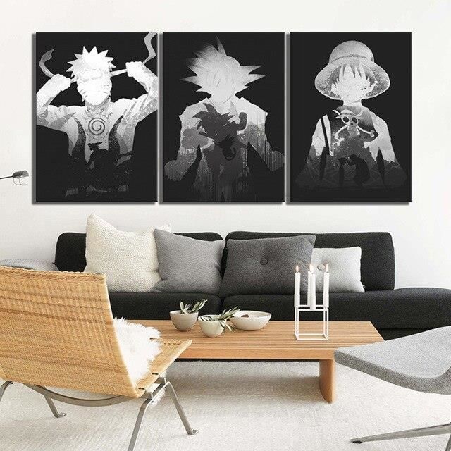 LB16579 Imprimé Modulaire Image Toile Affiche Décor À La Maison 3 pièces Dessin Animé Naruto Noir Blanc Dragon Ball Une Pièce
