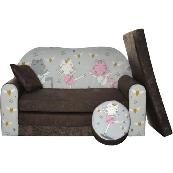 Sofa enfant 2 places convertible gris-noir, chats