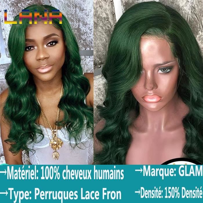 14- Perruque brésilienne préférée Remy Dark Green Wave Perruque Lace Front bouclés Human Hair