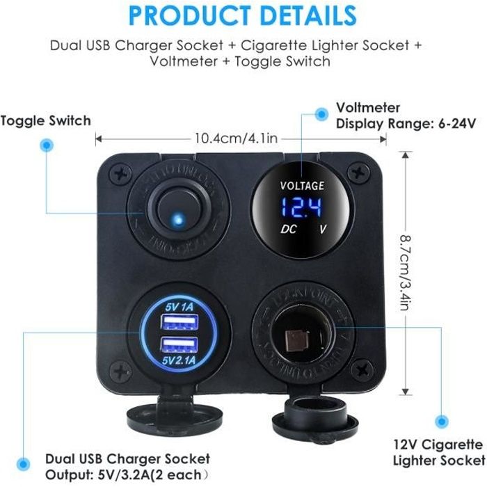 4 en 1Dual USB voiture allume-cigare prise chargeur voltmètre interrupteur 12 V / 24 V