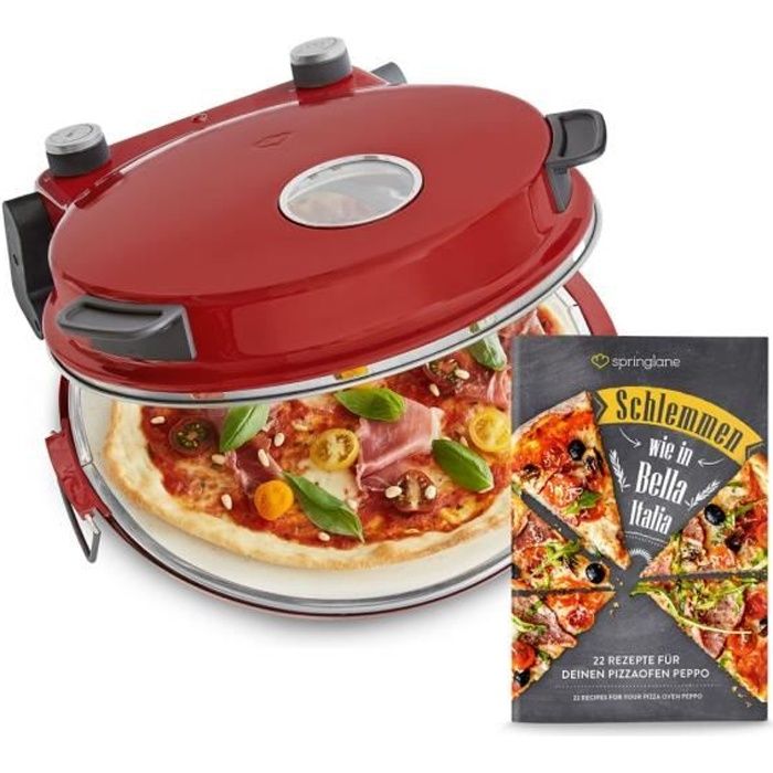 Four à Pizza électrique Peppo 1200W jusqu'à 350°C avec minuterie et voyant y deux grandes pelles à pizza Rouge