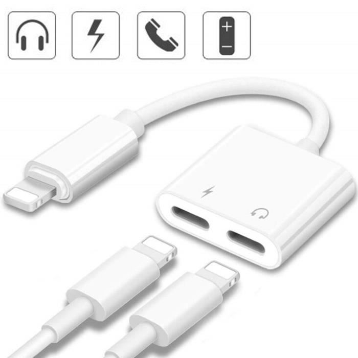 Tikawi Adaptateur 2 en 1 Iphone 8 X / Xr / XSmax Chargeur + Ecouteur Double sortie Lightning Earphone Double sortie Lightning