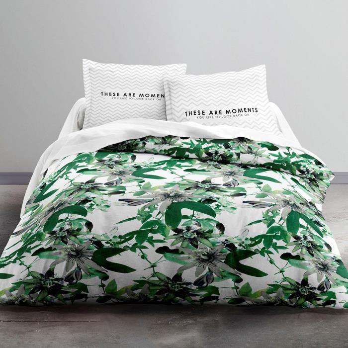Housse de couette 240x260 Enjoy Passiflore + 2 taies 100% coton 57 fils Blanc