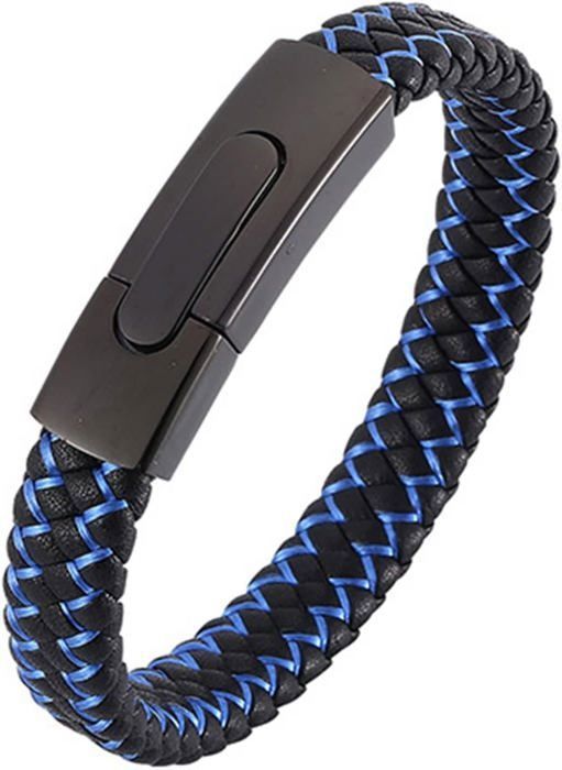 Bracelet Homme Acier Inoxydable Et Similicuir Noir, Clou Doré, Tressé