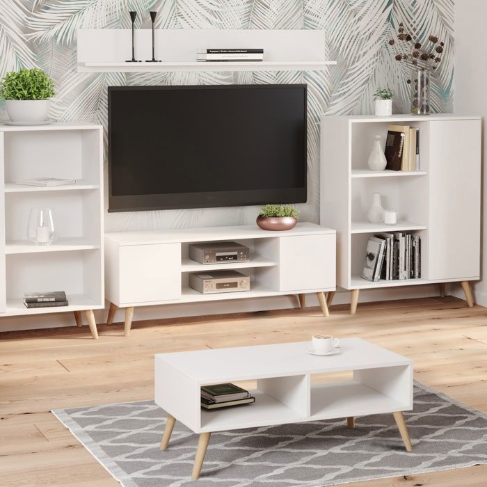 Meuble TV Focus 135 cm Armoire TV - blanc pieds bois style scandinave