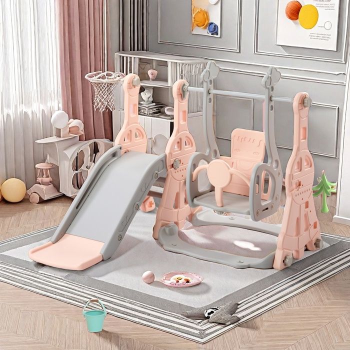 Toboggan Intérieur/Extérieur YARDIN 4 En 1 - Avec Panier Basket & Balançoire | Pour Enfants 1-6 Ans, 50kg Max