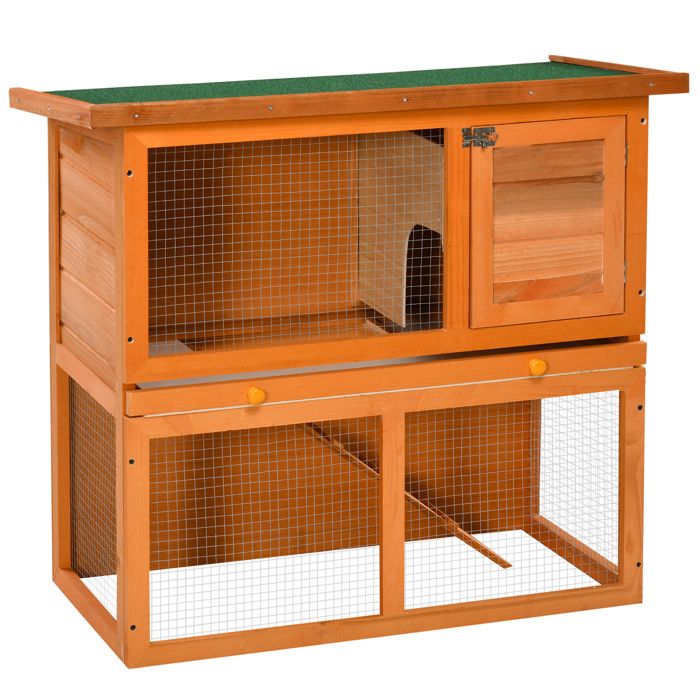 Meilleurs prix pour Clapier à lapin PawHut cage à lapin 2 étages plateau coulissant rampe et toit ouvrant 90L x 45l x 80H cm