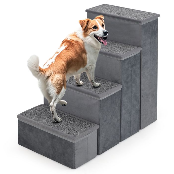 Meilleurs prix pour Escalier pour Chien à 4 Marches COSTWAY, Compartiments de Rangement Pliable pour Animaux de Compagnie pour Petits et Moyens Chiens