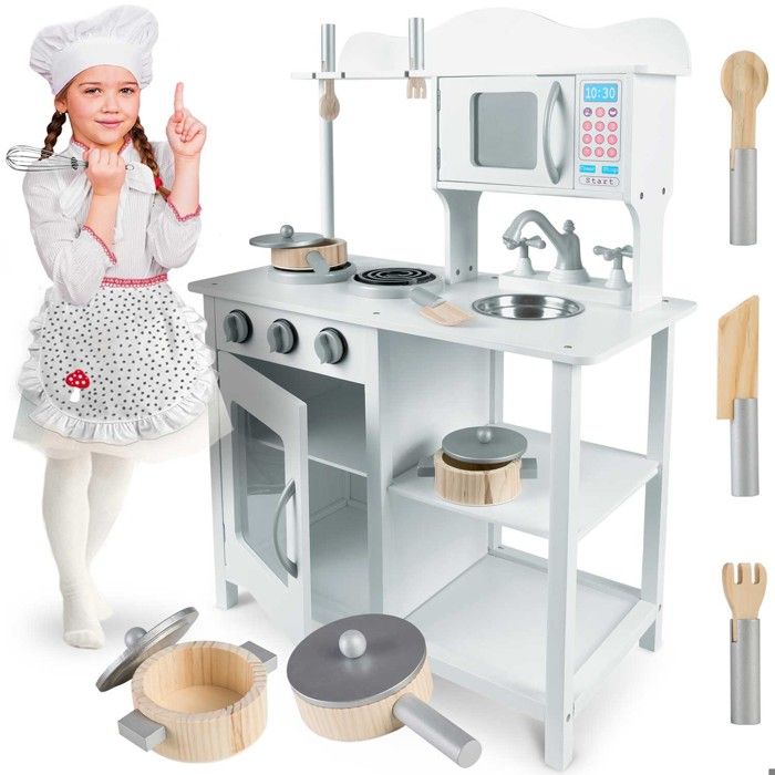 Cuisine de jeu, en bois, avec lumière et son, 90 x 30 x 90 cm, pour enfants, avec 2 grandes boîtes de rangement, jouets pour enfants, avec accessoires