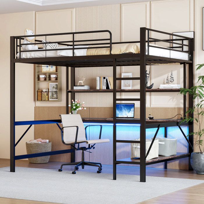 Lit Mezzanine Enfant 140x200 Cm – Avec Bureau, étagères, Lumières LED Et Prises USB