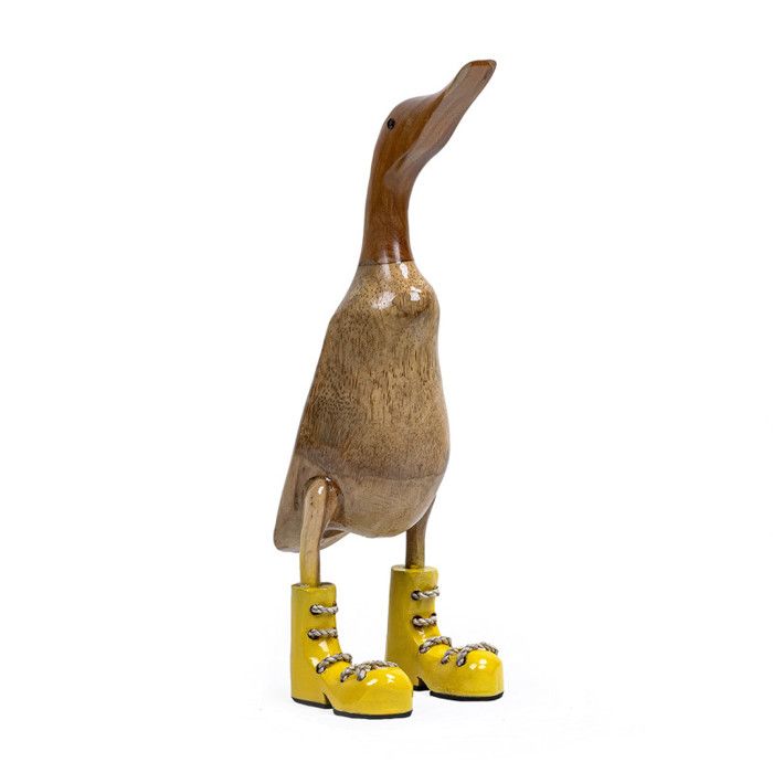 Statuette décorative H. 40 cm canard bottes jaunes en bois de teck – DAFLY Meubletmoi