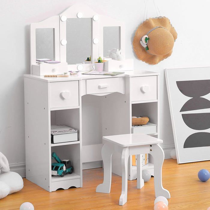 Coiffeuse Enfant CCLIFE Avec 3 Miroirs Et Tabouret – Meuble En Bois Blanc